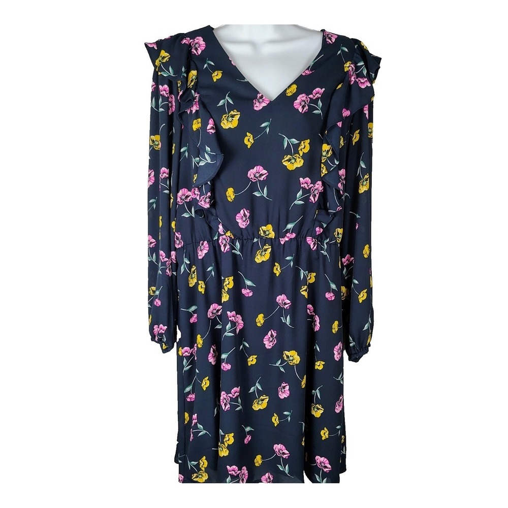 Banana Republic Navy Pink Yellow Floral‎ Ruffle V-Neck Dress L romantic twee